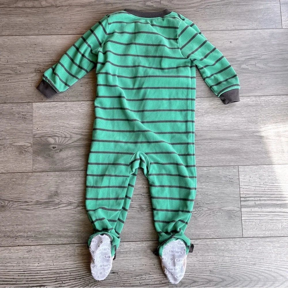 Carter’s Green & Gray Stripe Moose One Way Footed Zippy Pajama